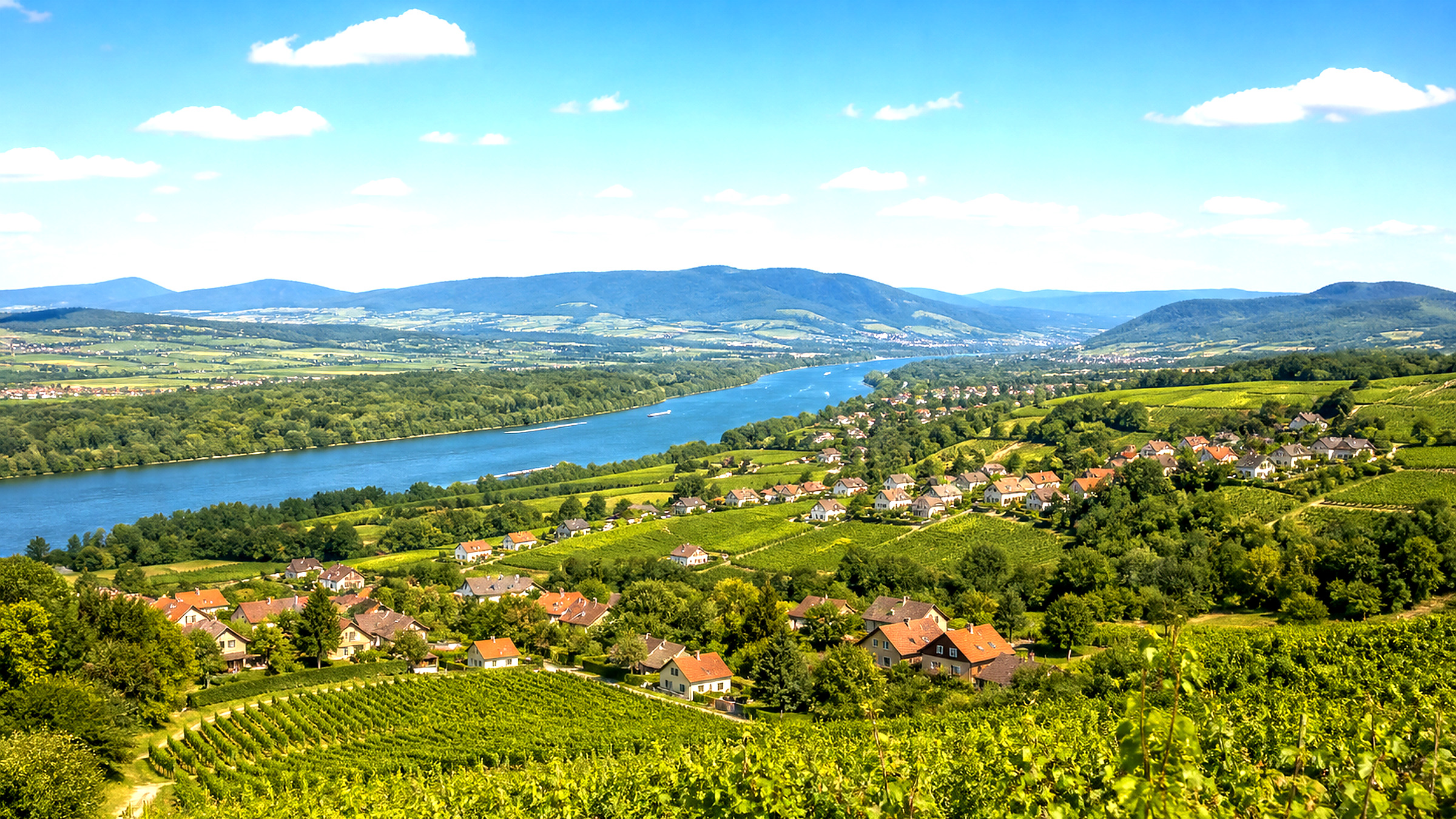 Niederösterreichische Landschaft mit Ort, Feldern und bewaldeten Hügeln